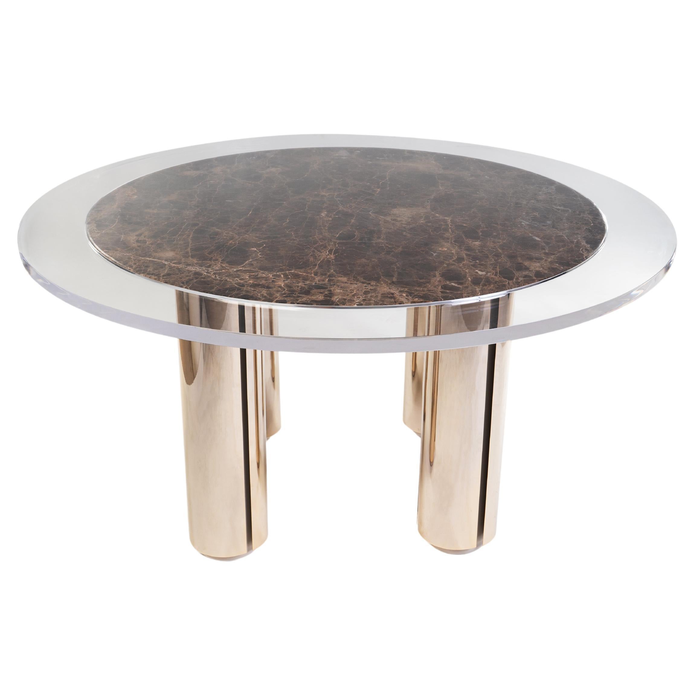 Table de salle à manger d'extérieur contemporaine en marbre et acier inoxydable plaqué