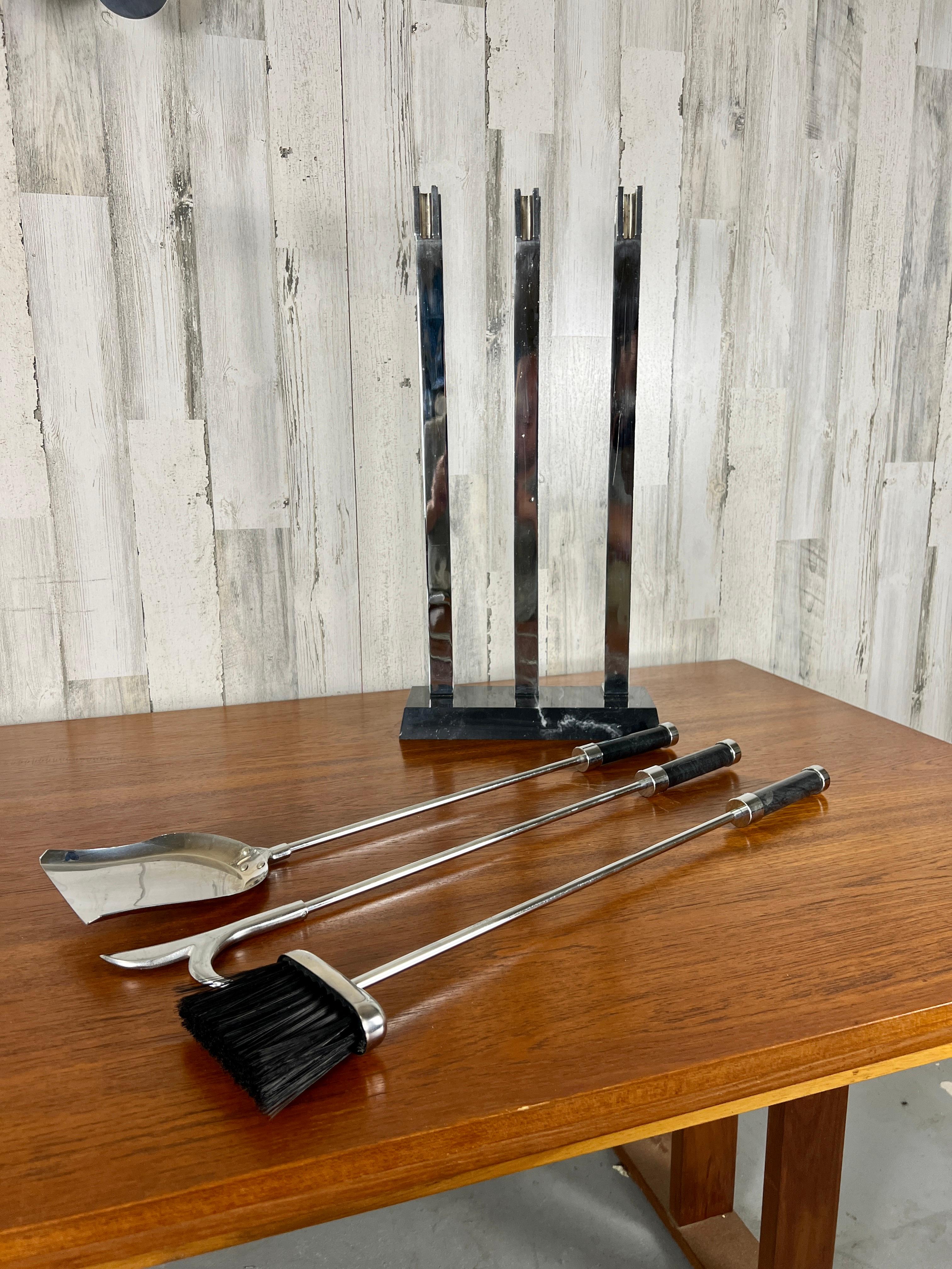 Modern Marble & Chrome Fireplace Tools For Sale 10