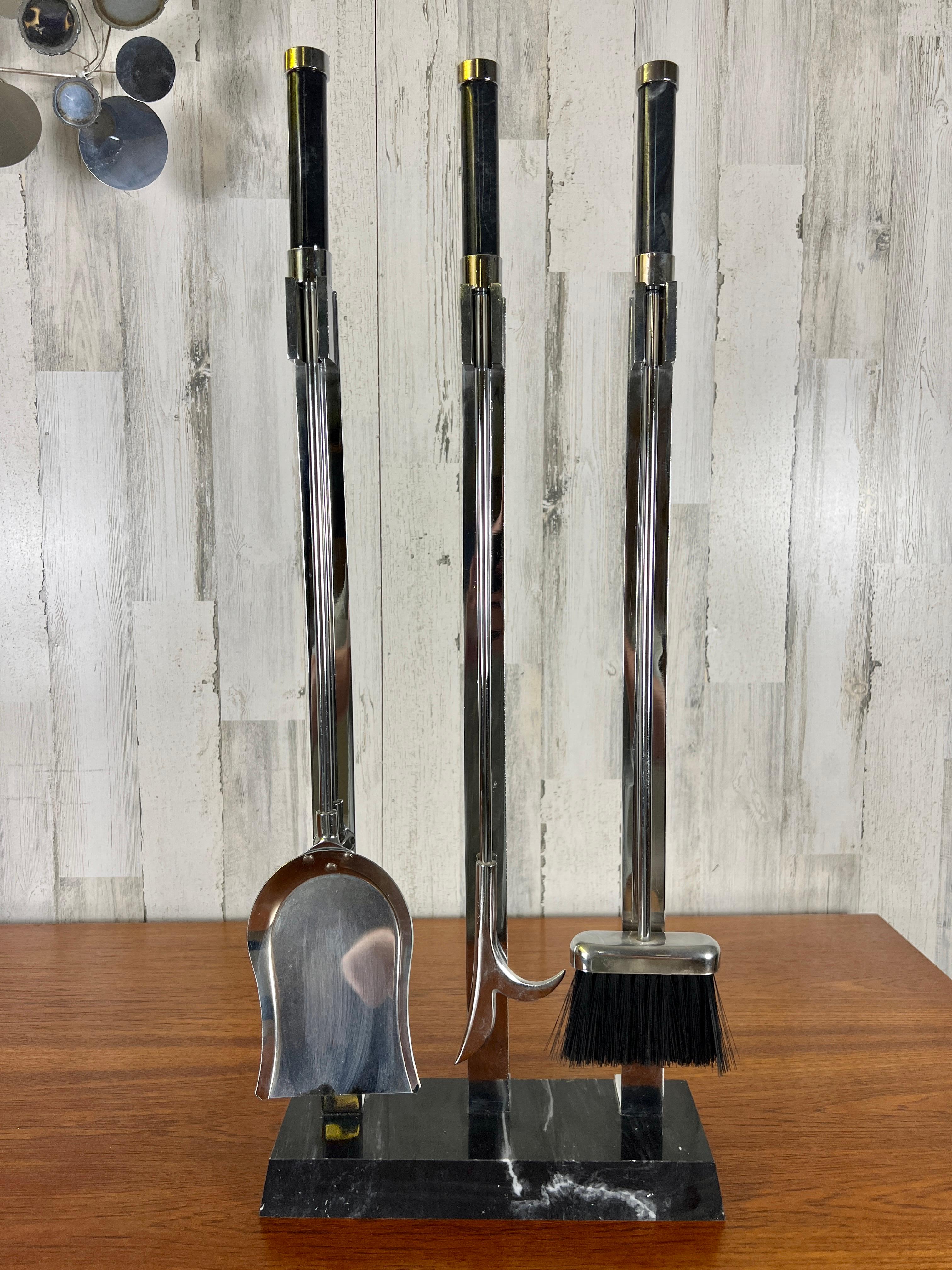 Vintage modern marble & chrome fireplace tools.