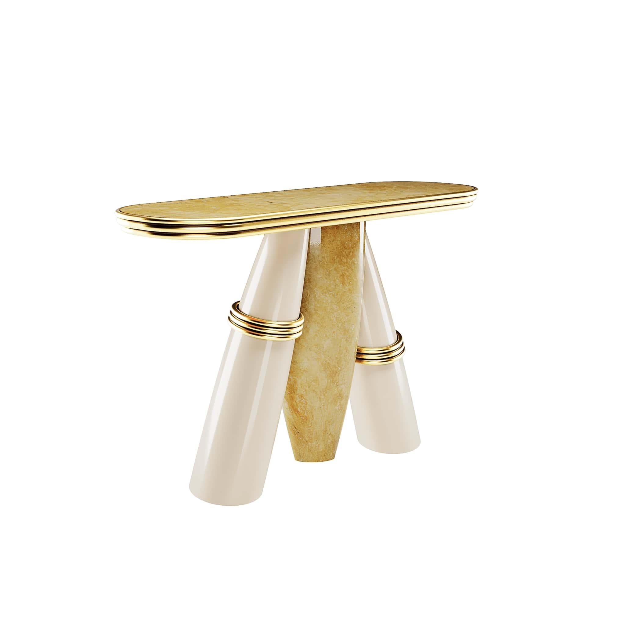 Billie Console Table owns a striking attitude and sculptural shapes. A modern marble table with polished brass details promises to steal the show of any contemporary entryway design.

Materials: Top in Polished Yellow Negrais Marble; Legs in