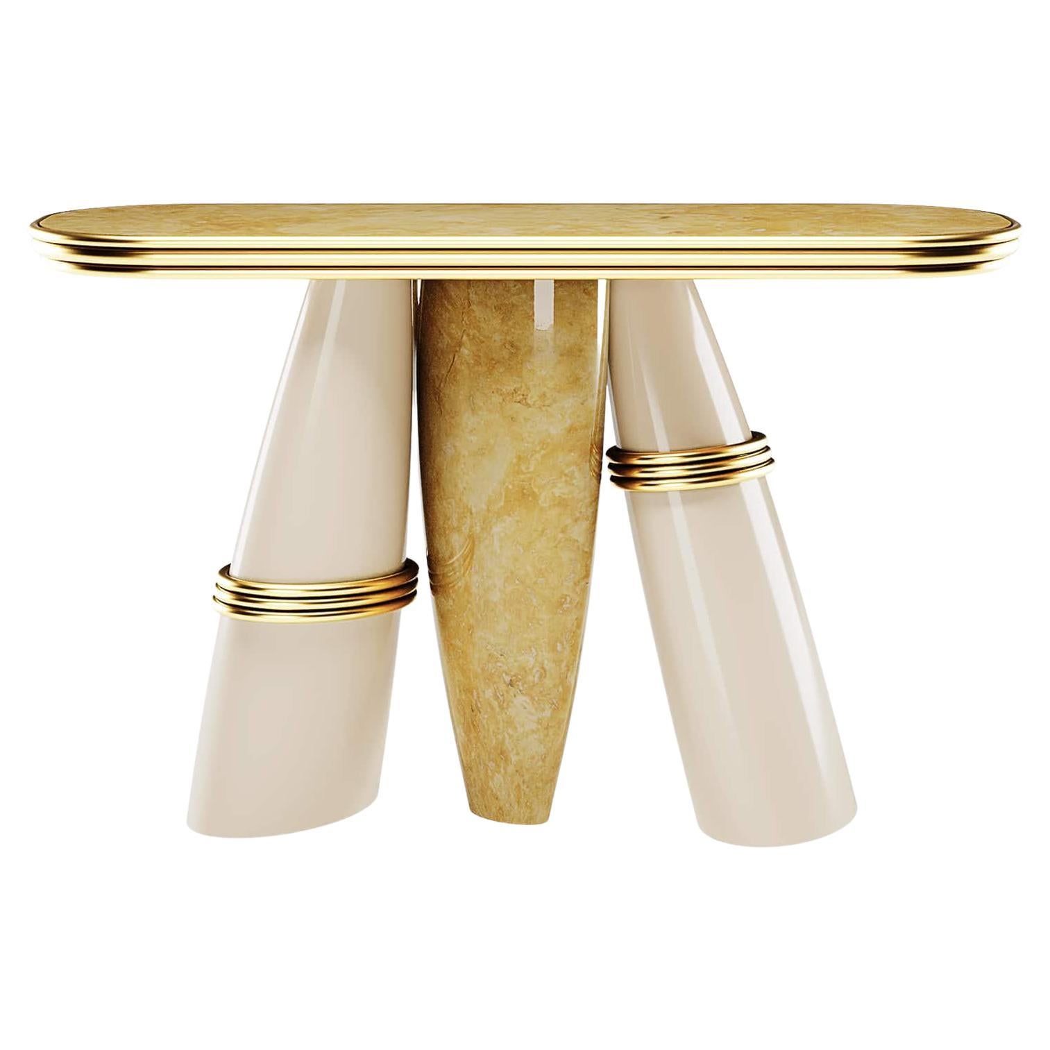 Modern Marble Console Table With Yellow Negrais Lacquer & Polished Brass Details