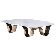 Gold Plated Outdoor Coffee Table With Irregular Carrara Marble on Top
