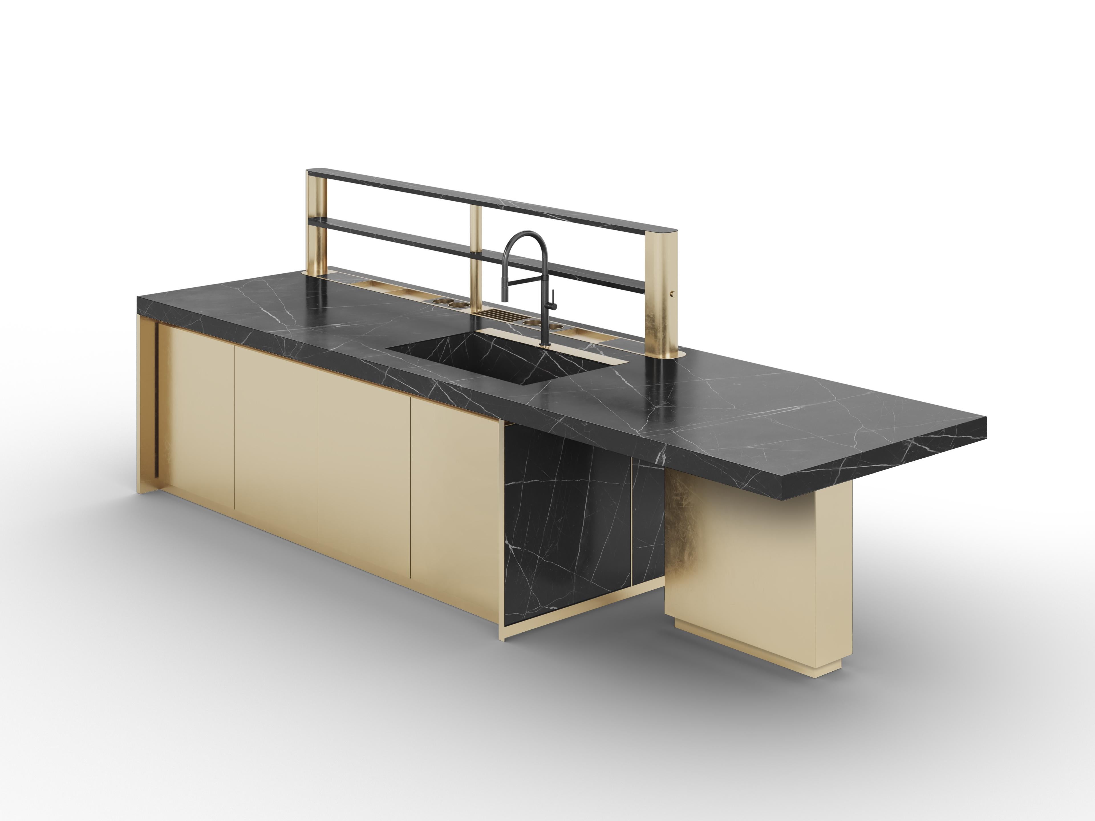 Contemporary Golden and Emperador Marble Outdoor Kitchen with doors and extension For Sale