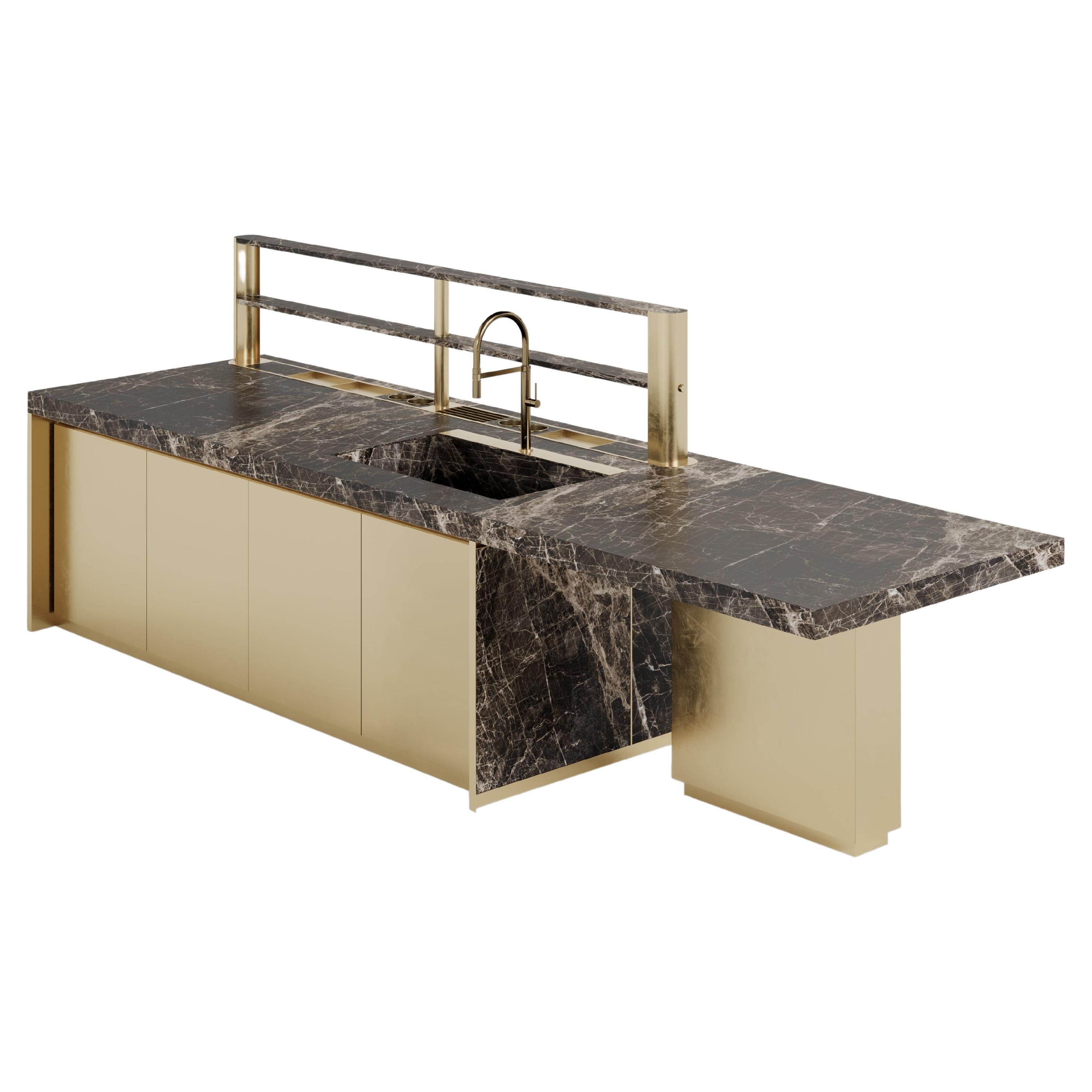 Golden and Emperador Marble Outdoor Kitchen with doors and extension For Sale