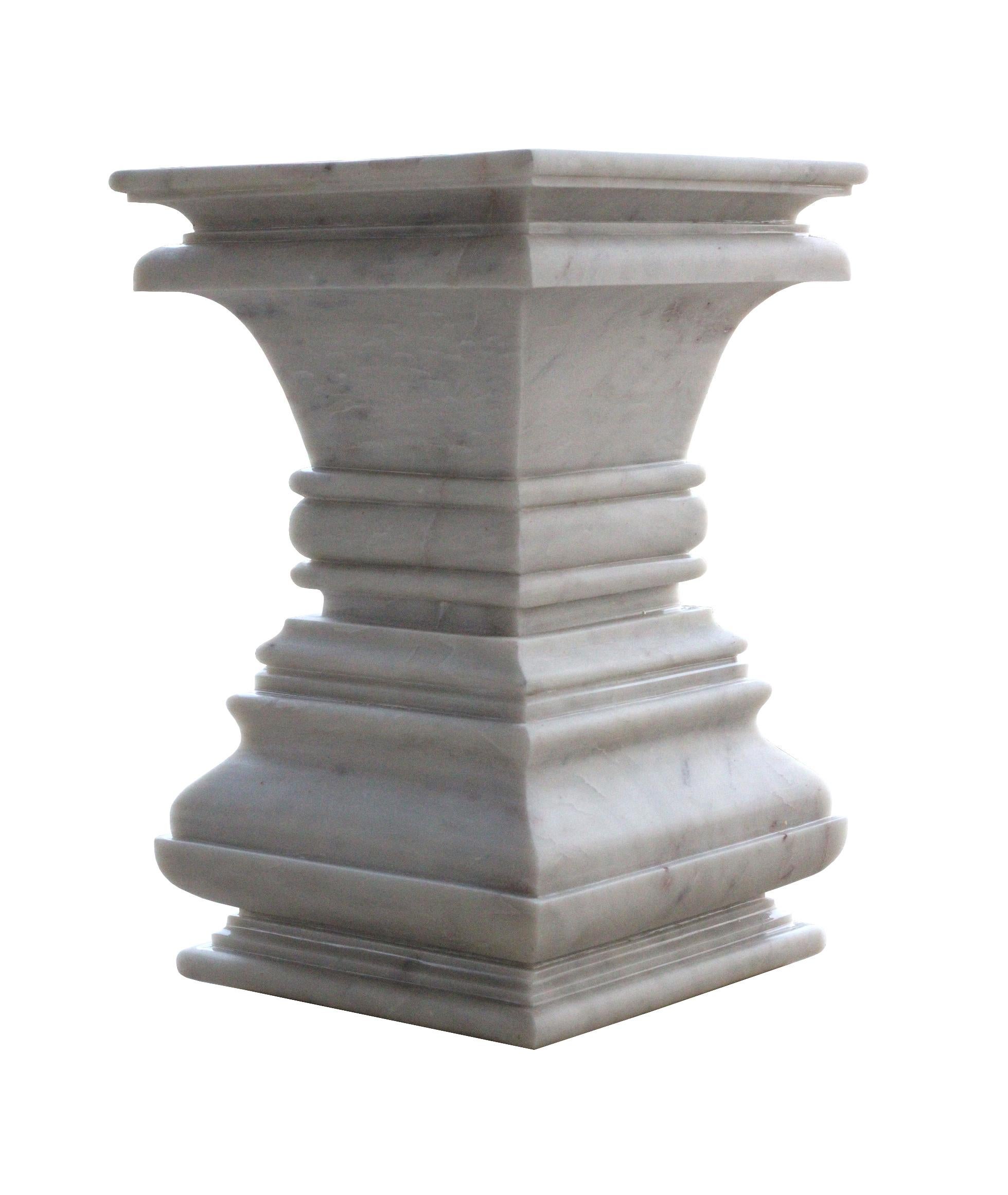 Hand-Carved Modern Marble Pedestal and Column Side Table in White Marble by S. Odegard For Sale