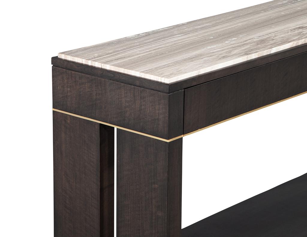 Modern Marble Top Walnut with Brass Detail Console Table For Sale 5