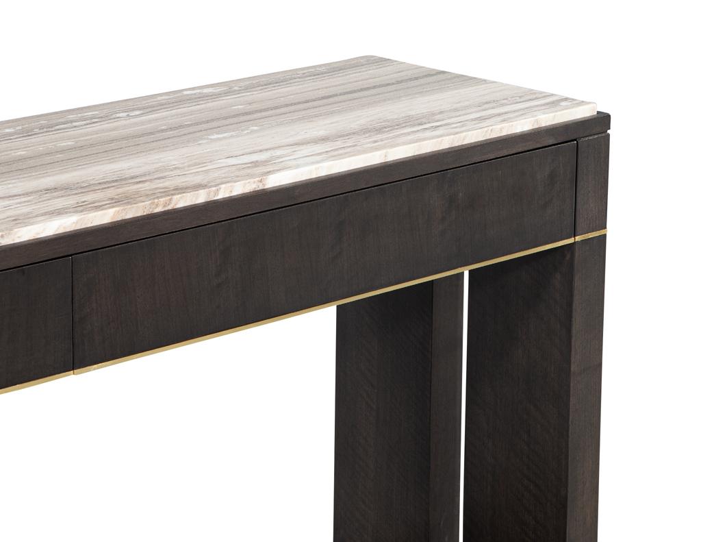 Modern Marble Top Walnut with Brass Detail Console Table For Sale 6