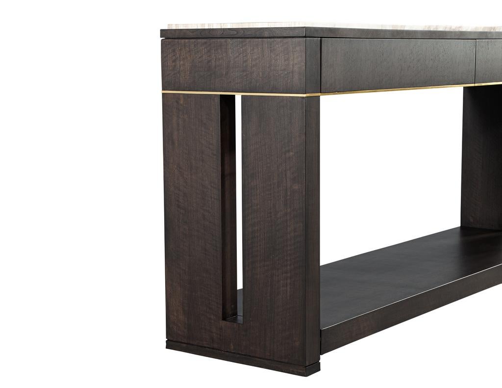 Modern Marble Top Walnut with Brass Detail Console Table For Sale 7
