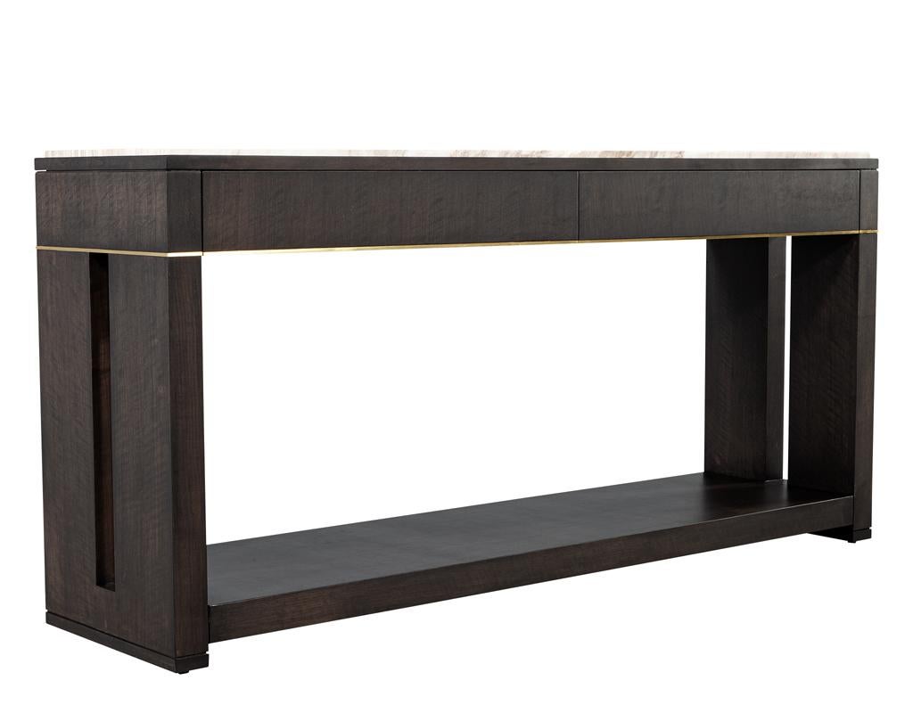 Modern Marble Top Walnut with Brass Detail Console Table For Sale 8