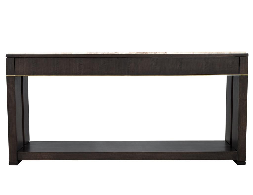 Modern Marble Top Walnut with Brass Detail Console Table For Sale 9