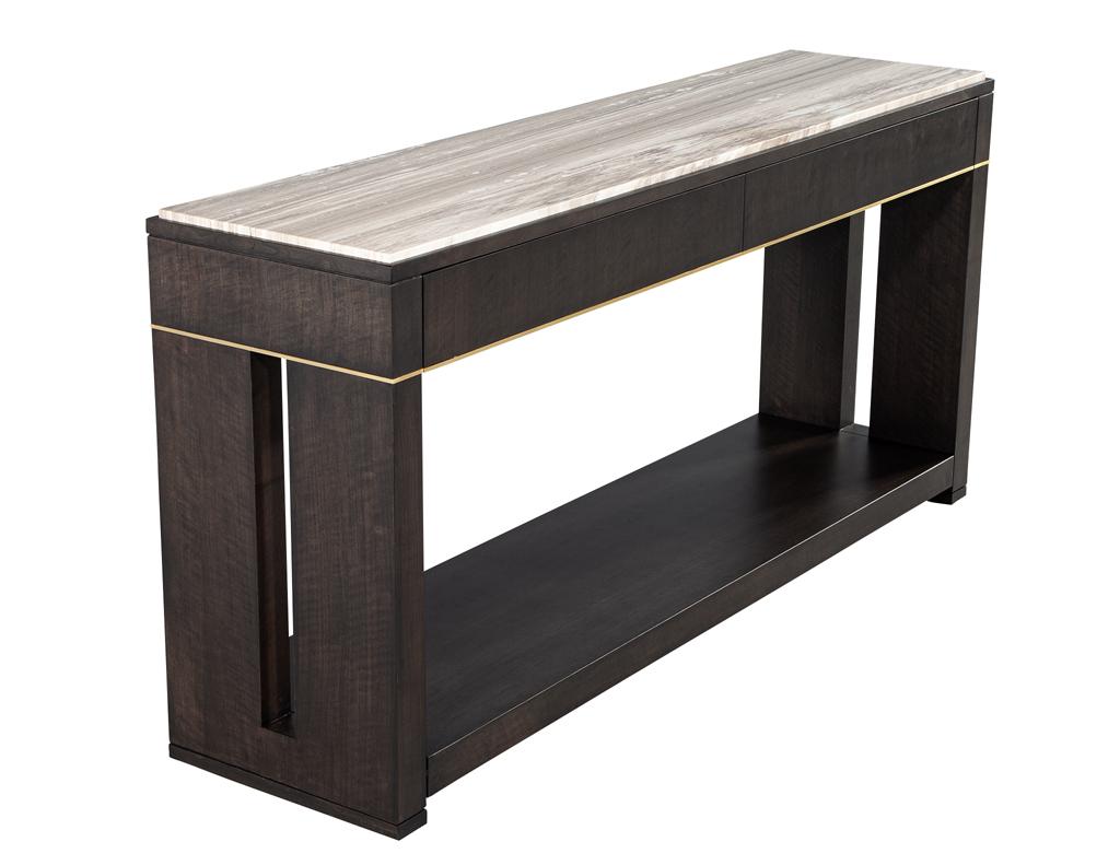 Modern Marble Top Walnut with Brass Detail Console Table For Sale 11