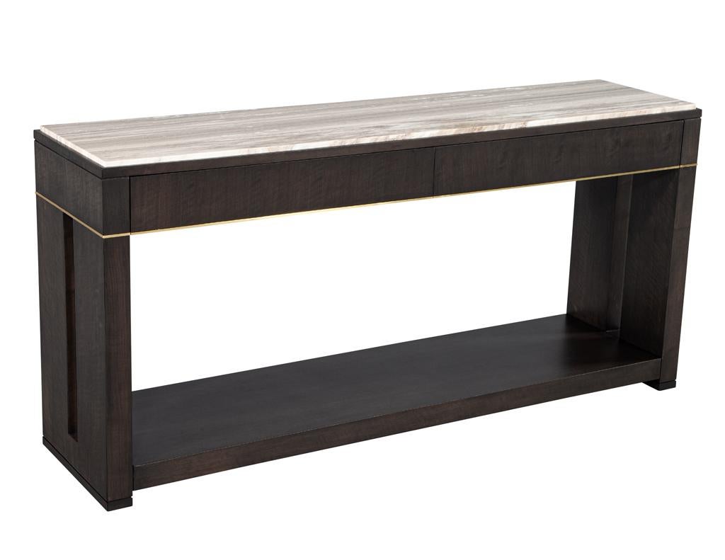 Modern Marble Top Walnut with Brass Detail Console Table For Sale 12