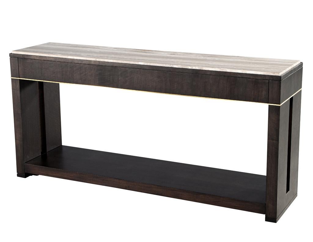 Modern Marble Top Walnut with Brass Detail Console Table For Sale 13