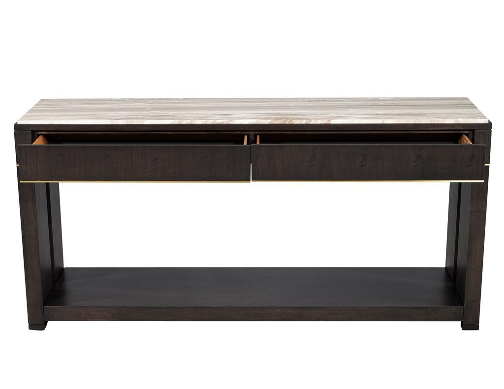 American Modern Marble Top Walnut with Brass Detail Console Table For Sale