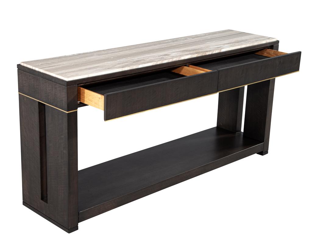 Modern Marble Top Walnut with Brass Detail Console Table In Excellent Condition For Sale In North York, ON