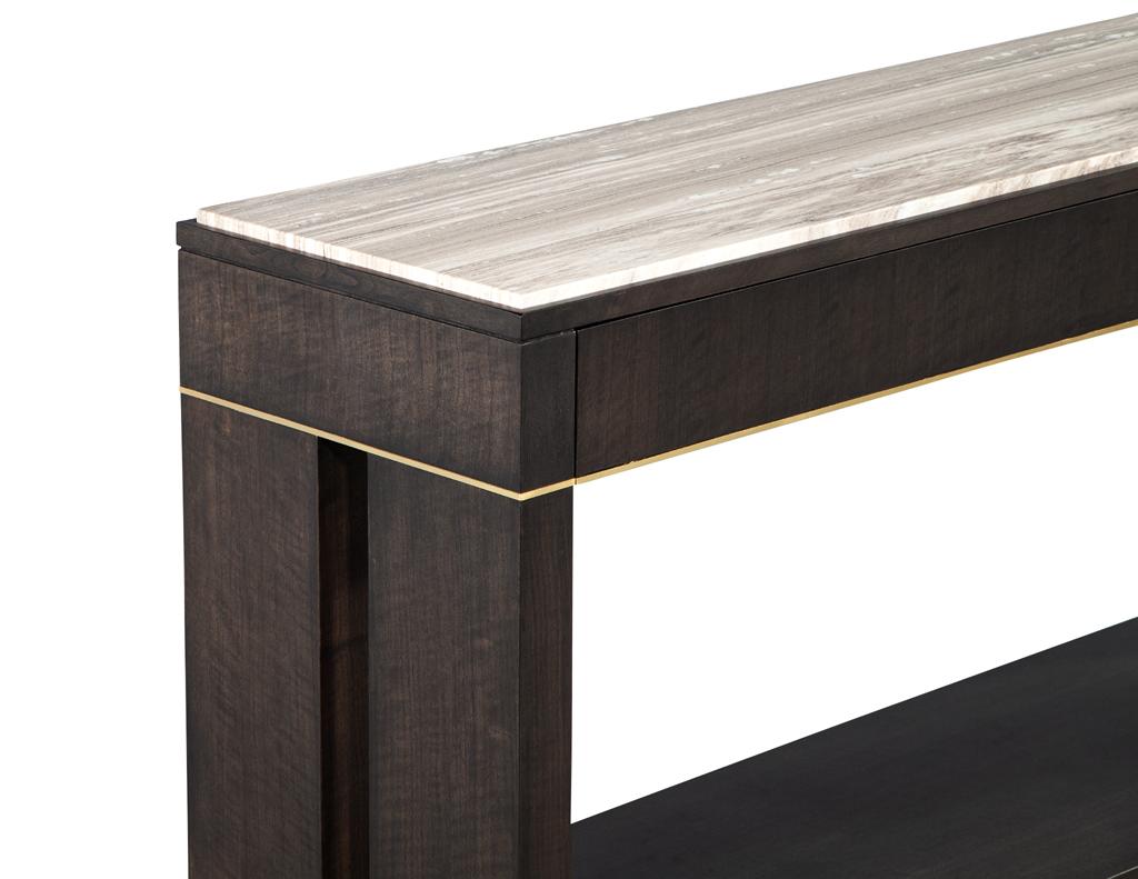 Contemporary Modern Marble Top Walnut with Brass Detail Console Table For Sale