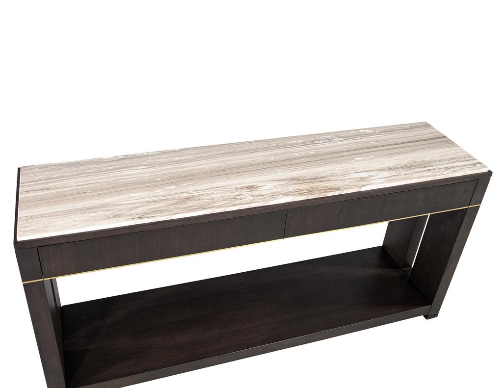 Modern Marble Top Walnut with Brass Detail Console Table For Sale 1