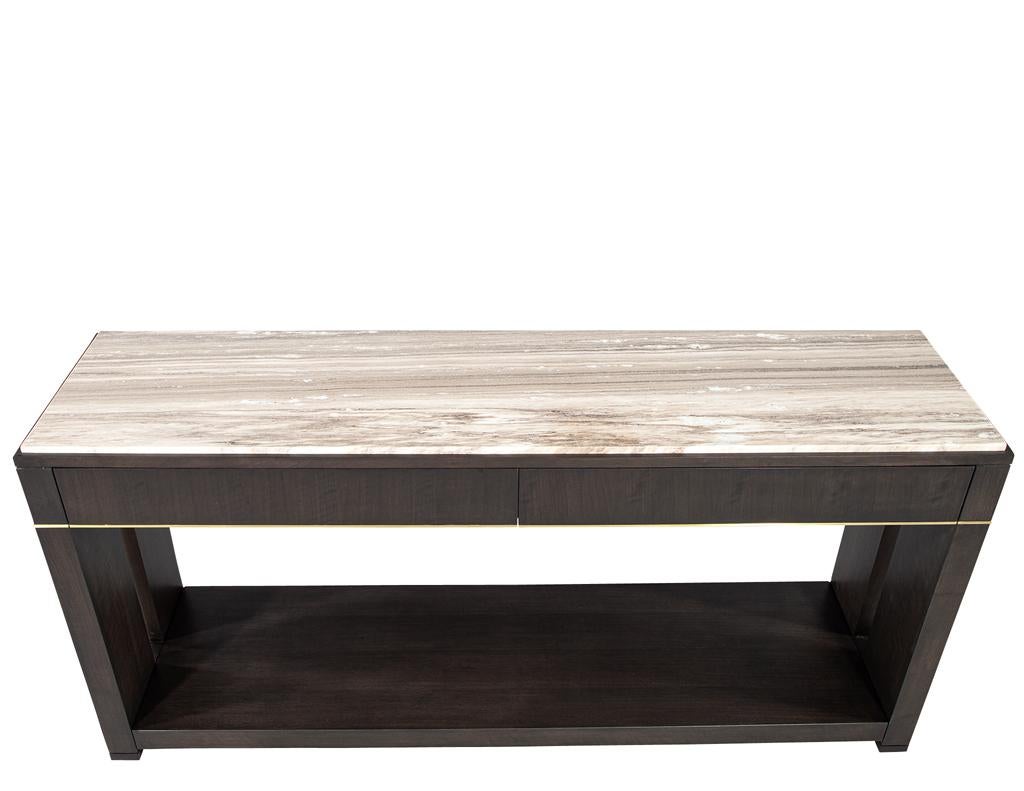 Modern Marble Top Walnut with Brass Detail Console Table For Sale 2