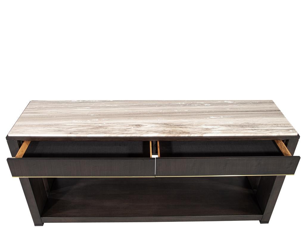 Modern Marble Top Walnut with Brass Detail Console Table For Sale 3