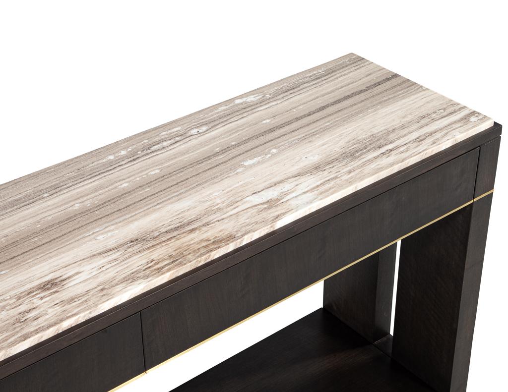 Modern Marble Top Walnut with Brass Detail Console Table For Sale 4