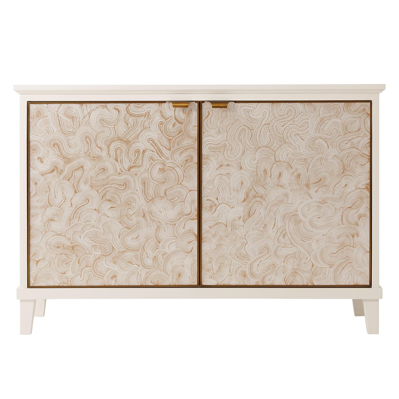 A modern pear lacquered two-door cabinet with a rectangular top above two brass finished frame doors with glass reverse painted faux marbled panels, the interior with two drawers and adjustable shelve all raised on tapered legs.

Dimensions: 50