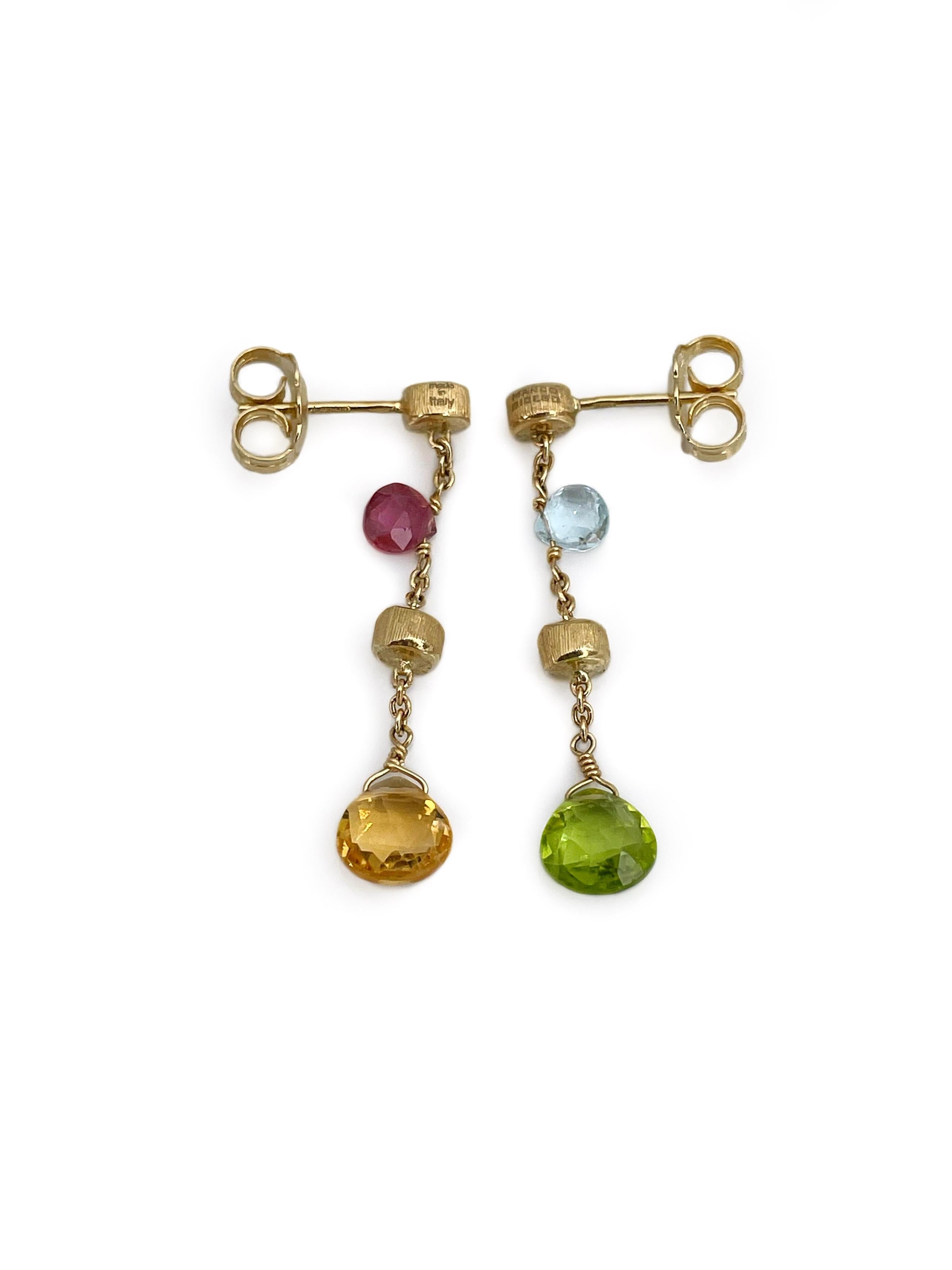 This is a playful pair of stud drop earrings designed by Marco Bicego in 2010s - “Paradise” collection. The piece is crafted in 18K yellow gold. It features citrine, topaz, peridot and tourmaline. 

Signed: “Marco Bicego. Made in Italy”

Size: