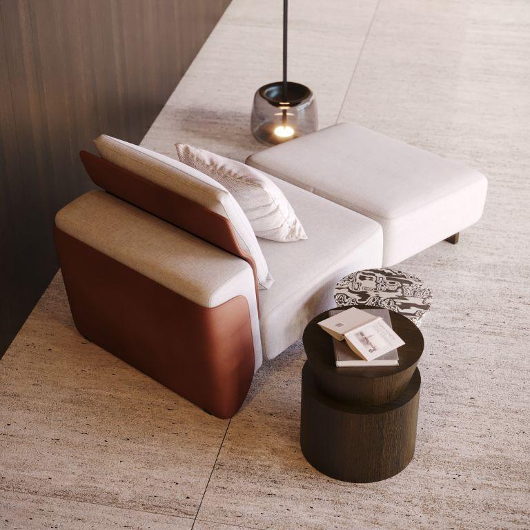 Moderne Margem Chaise Longue aus weichem Stoff, natürlichem Leder und dunkler Eiche (21. Jahrhundert und zeitgenössisch) im Angebot