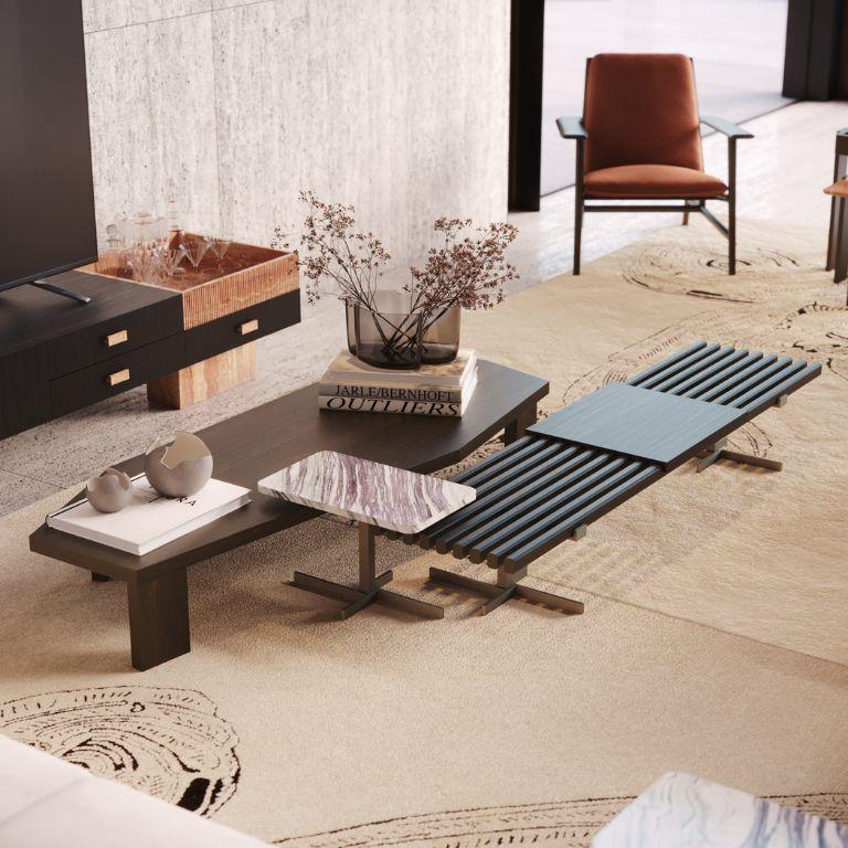 Portugais Table basse Margem fabriquée avec des dunes Neolith du Colorado polies et laiton en vente