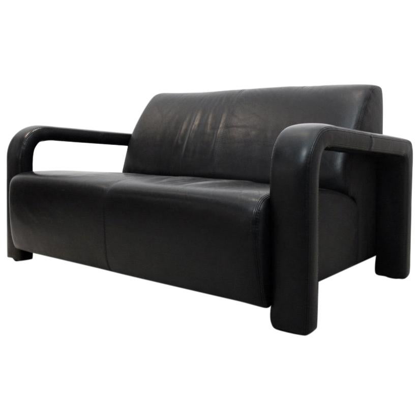 Modern Marinelli Two-Seat Black Leather Sofa, Italy