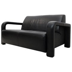 Vintage Modern Marinelli Two-Seat Black Leather Sofa, Italy