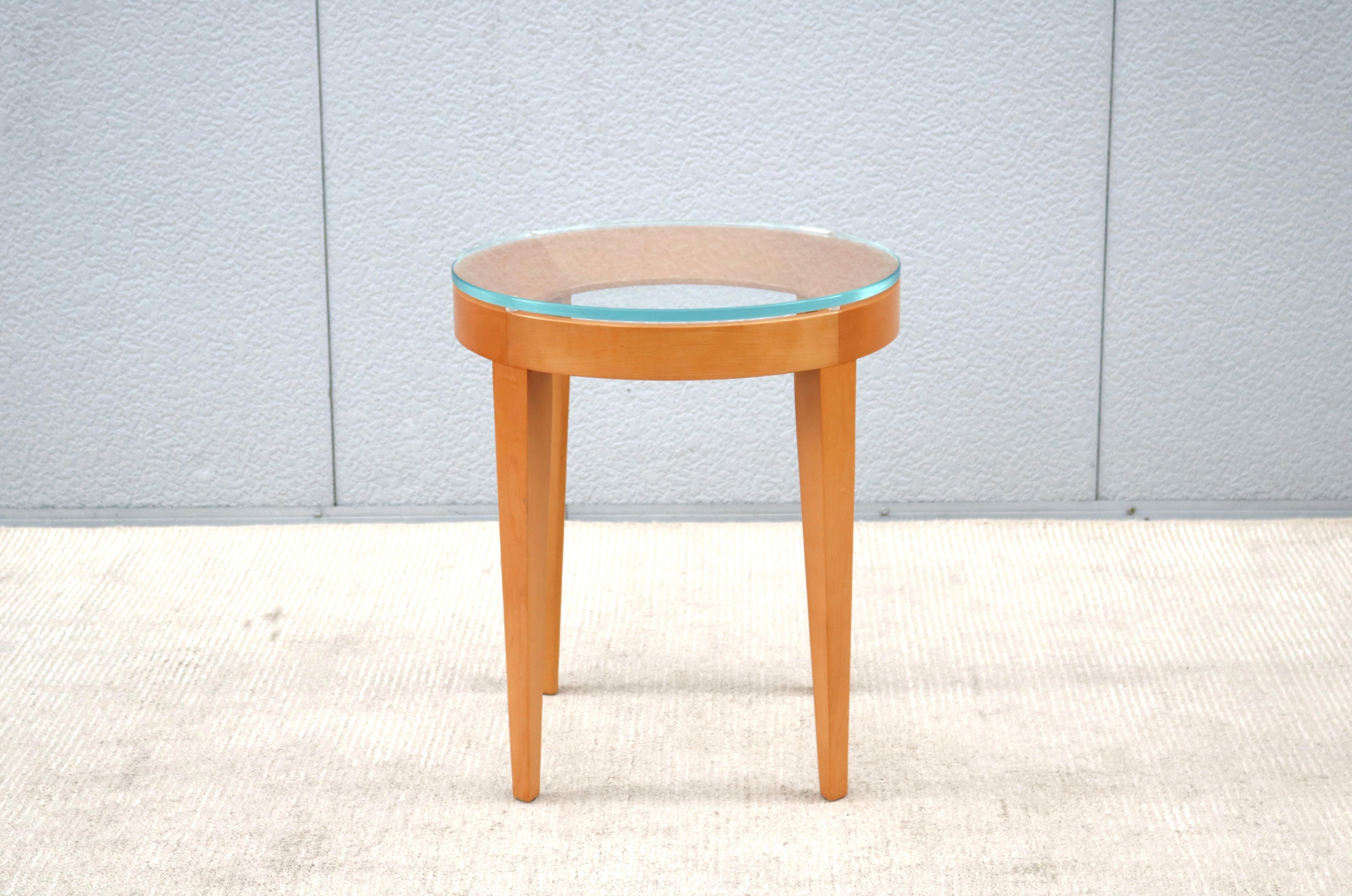 Fabulous Cirque Maple wood and clear glass top round occasional side table by Bernhardt Design.
Features a 1/2