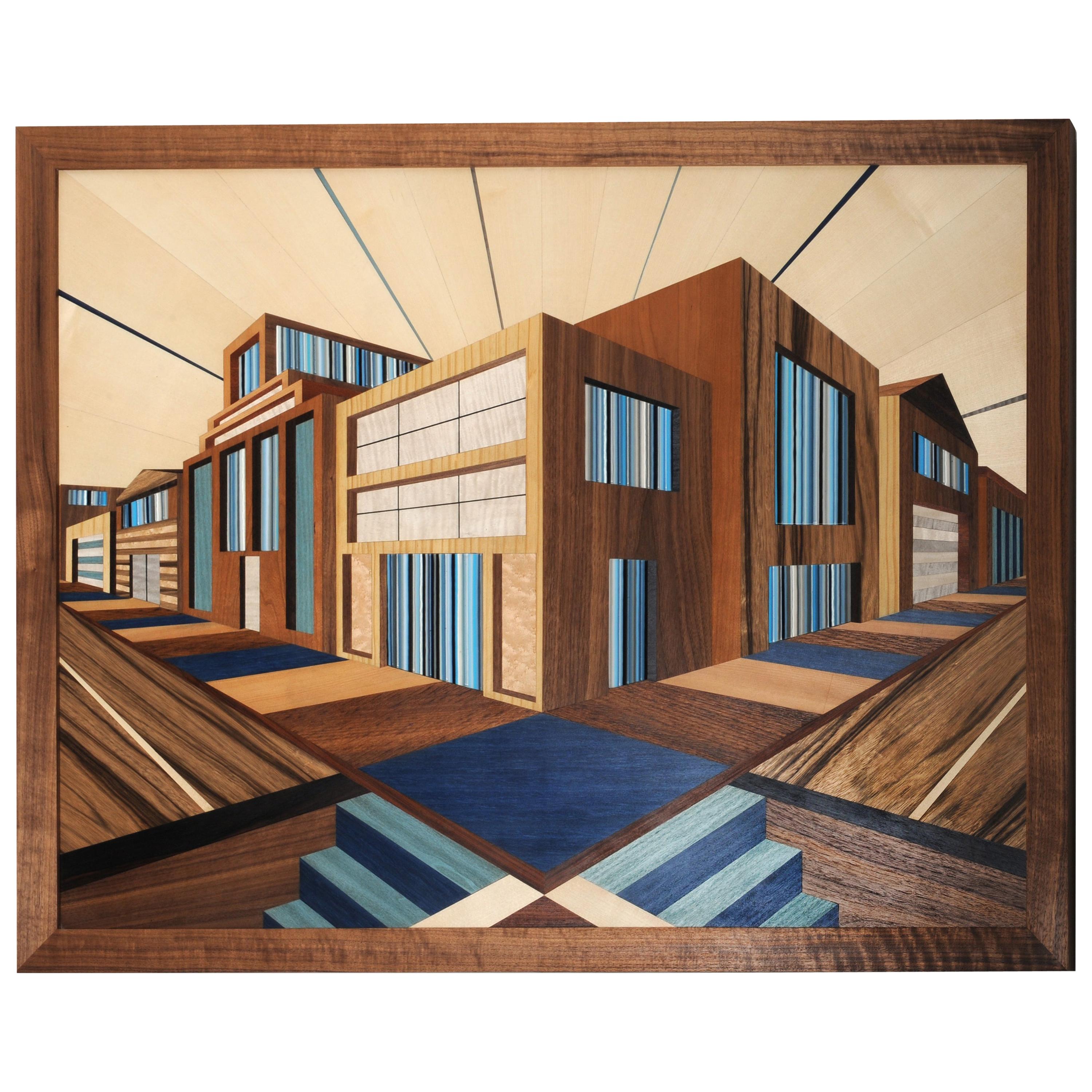 Modern Marquetry and Glass Wall Piece in Blue