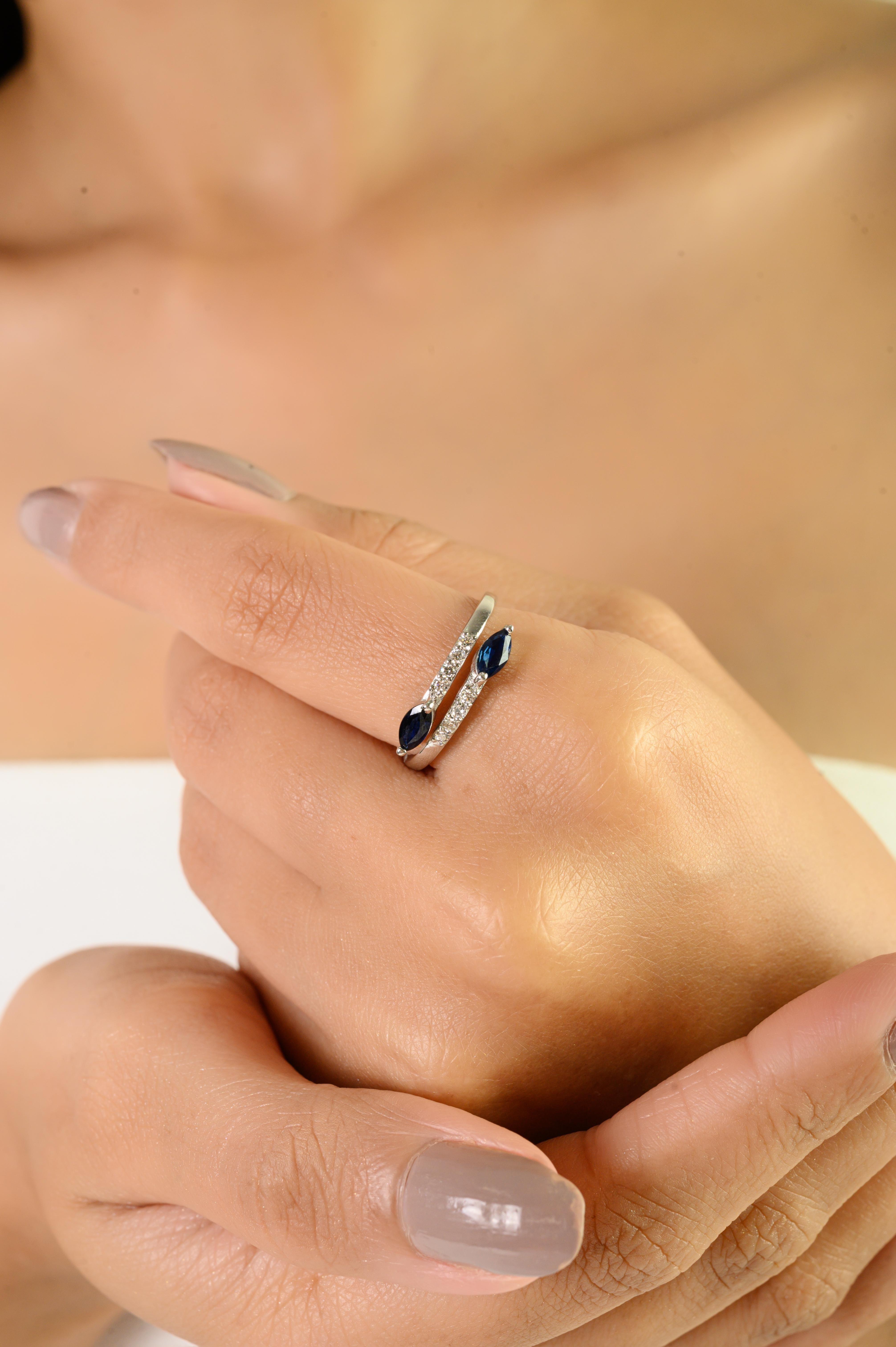 Im Angebot: Moderner Bypass-Ring mit blauem Marquise-Saphir und Diamant aus 14 Karat Weißgold () 4