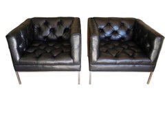 Modern Matching Black Leather Tufted Cube Chairs on Stainless Steel Bases