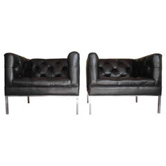 Modern Matching Black Leather Tufted Cube Chairs on Stainless Steel Bases
