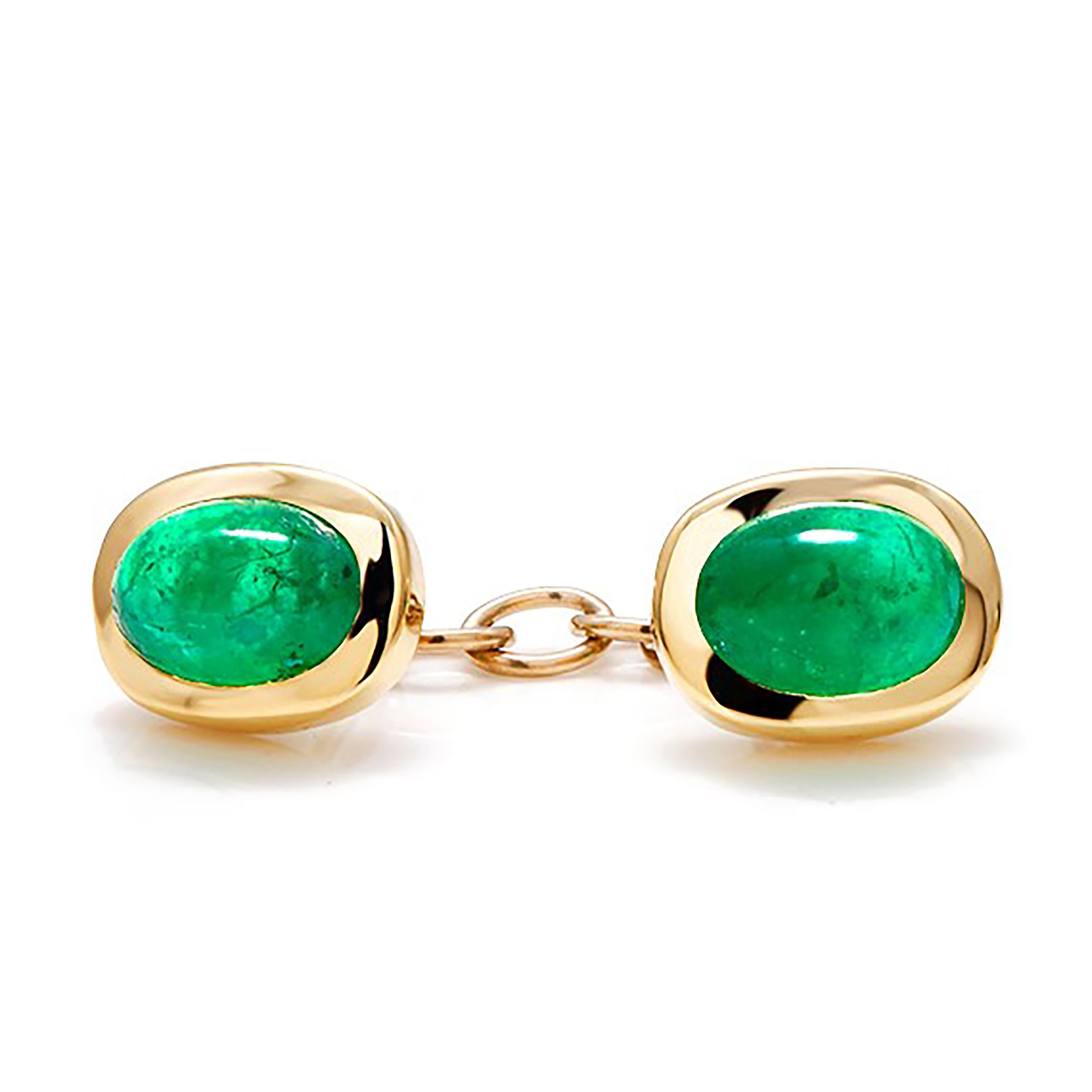 Oval Cut Modern Matching Pair of Cabochon Emerald Gents Double Sides Chain Link Cufflinks