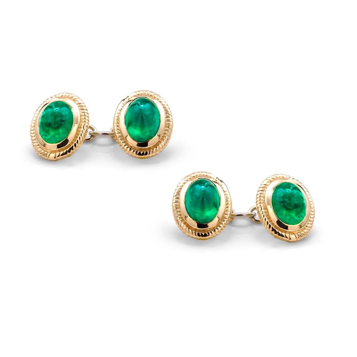 Oval Cut Modern Matching Pair of Cabochon Emerald Gents Double Sides Chain Link Cufflinks