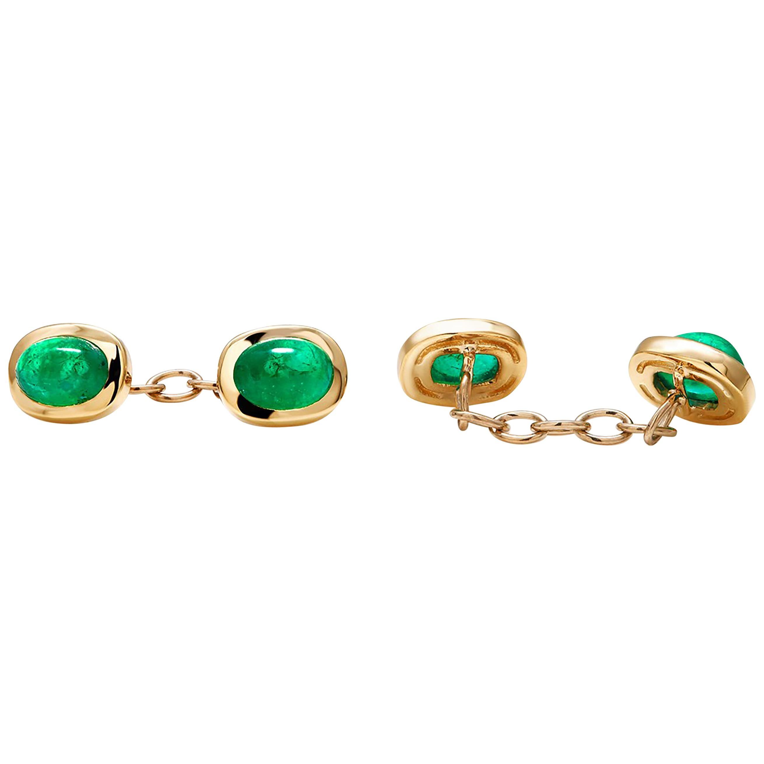 Women's or Men's Modern Matching Pair of Cabochon Emerald Gents Double Sides Chain Link Cufflinks