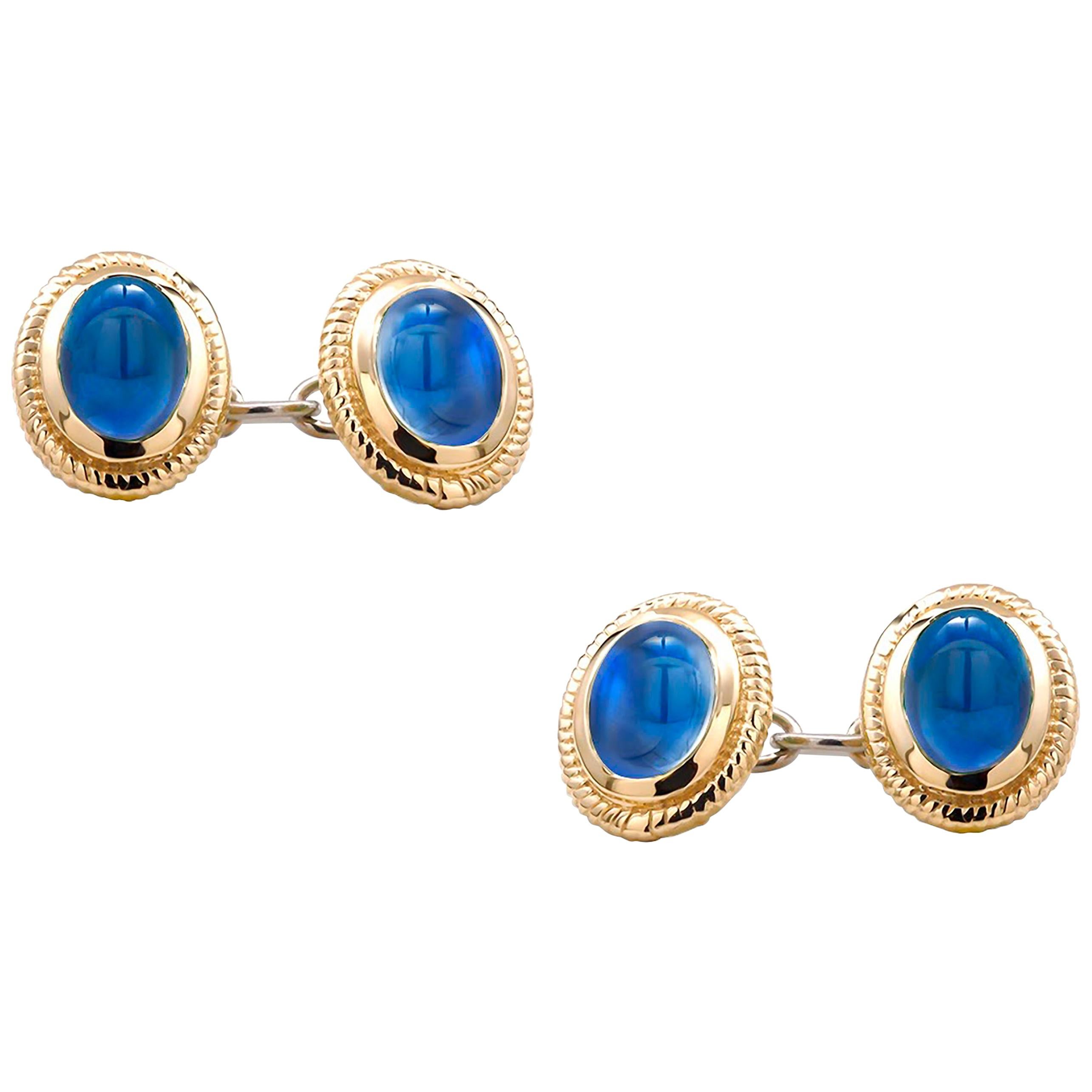 Modern Matching Pair of Cabochon Sapphire Double Sides Chain Link Cufflinks