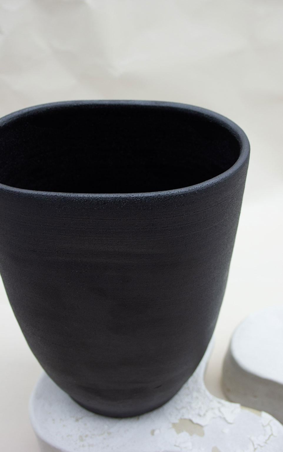 British Modern Matte Black Void Vase with Porcelain Slipped Plinths Ceramic Sculpture For Sale