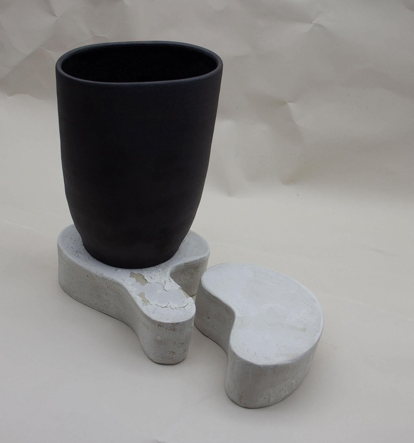 Hand-Crafted Modern Matte Black Void Vase with Porcelain Slipped Plinths Ceramic Sculpture For Sale