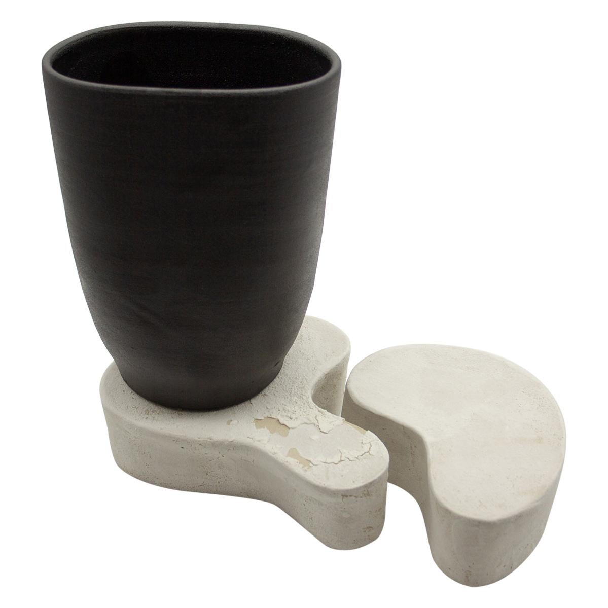 Modern Matte Black Void Vase with Porcelain Slipped Plinths Ceramic Sculpture For Sale
