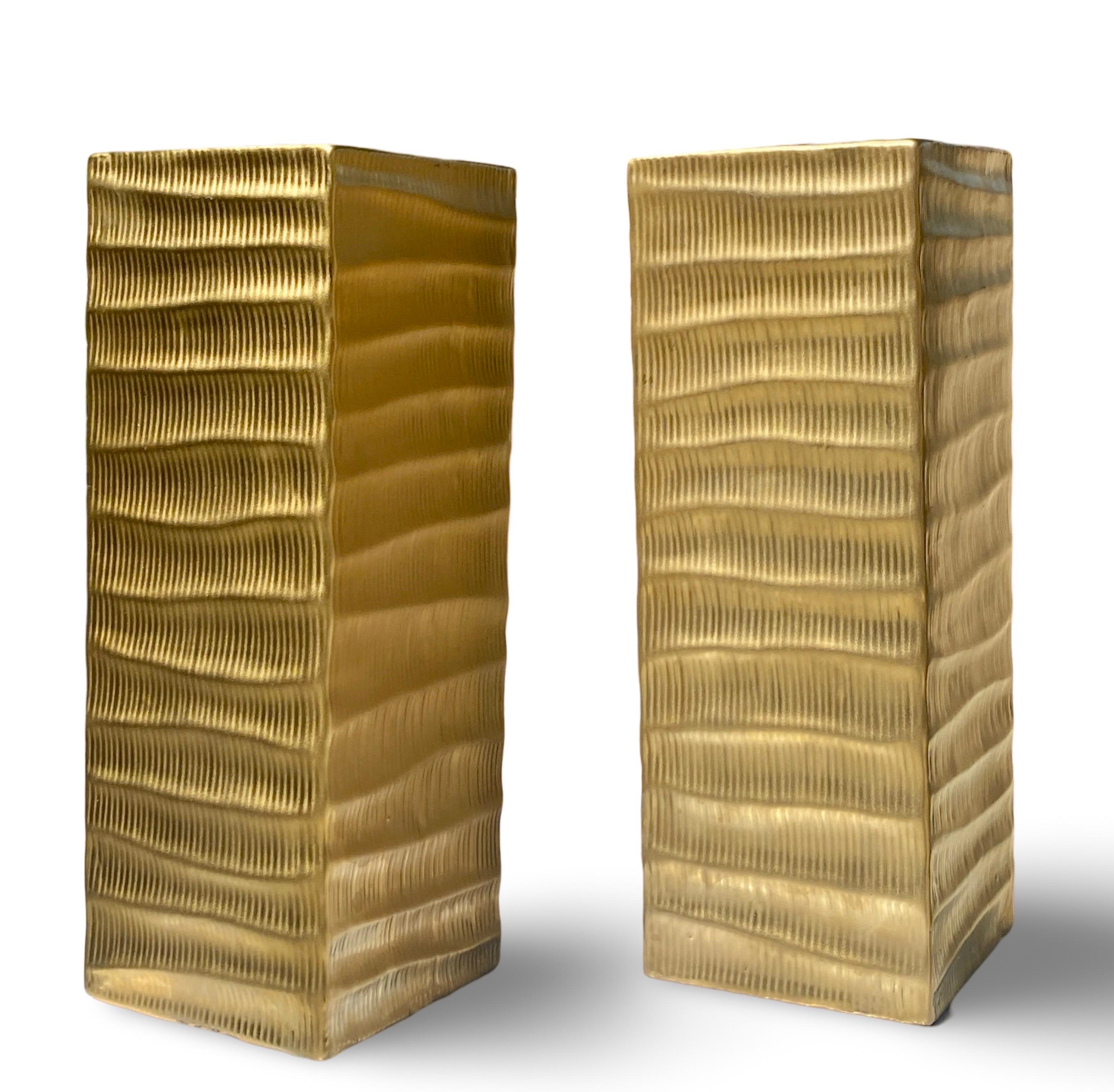 Hand-Crafted Modern Matte Gold Modern Skyscraper Vase Sculptures Pair For Sale