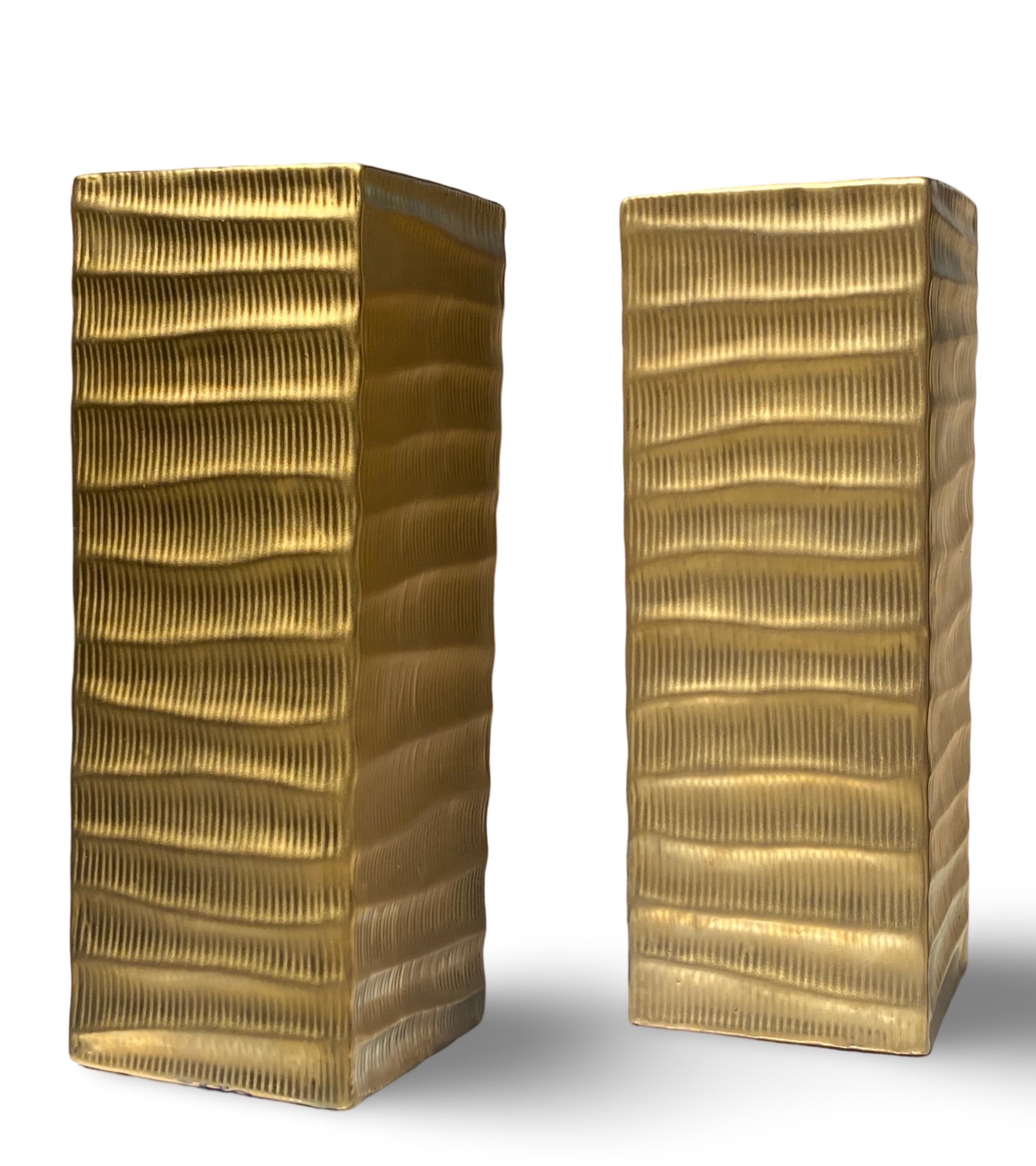 Modern Matte Gold Modern Skyscraper Vase Sculptures Pair In Good Condition For Sale In Palm Springs, CA