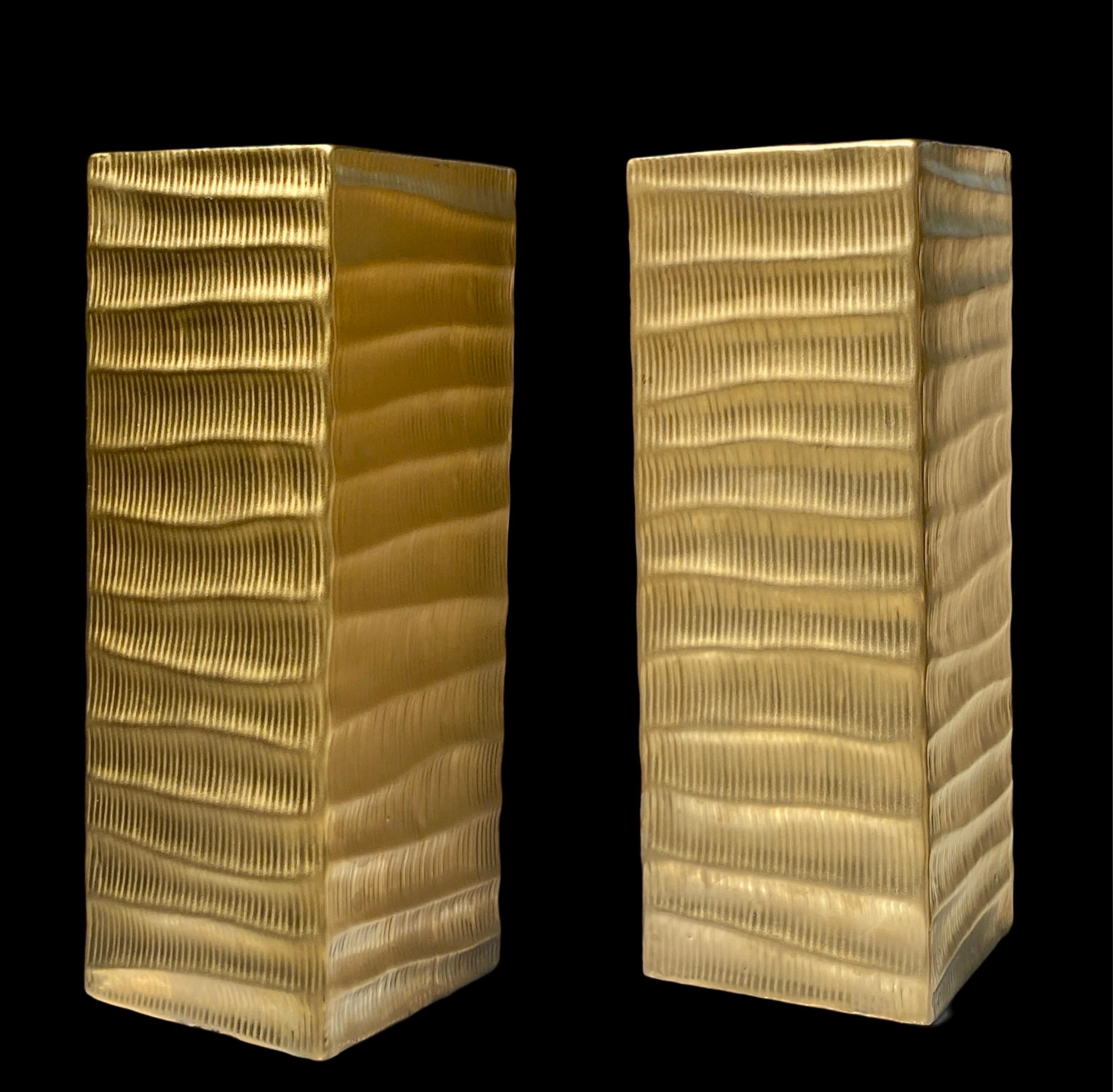 Contemporary Modern Matte Gold Modern Skyscraper Vase Sculptures Pair For Sale