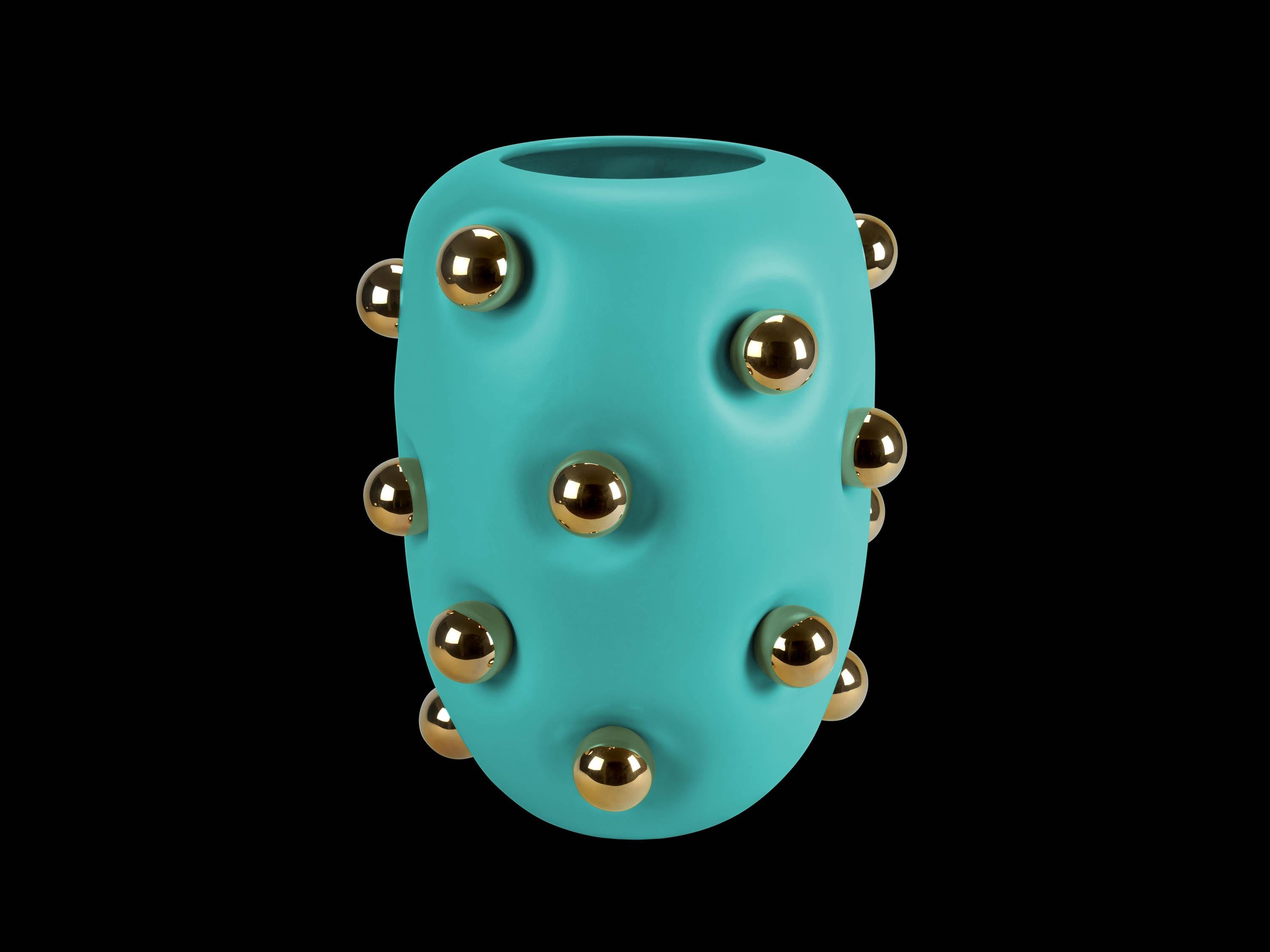 Matte White Ceramic Vase with Gold Spheres, Contemporary Design, Made in Italy For Sale 5