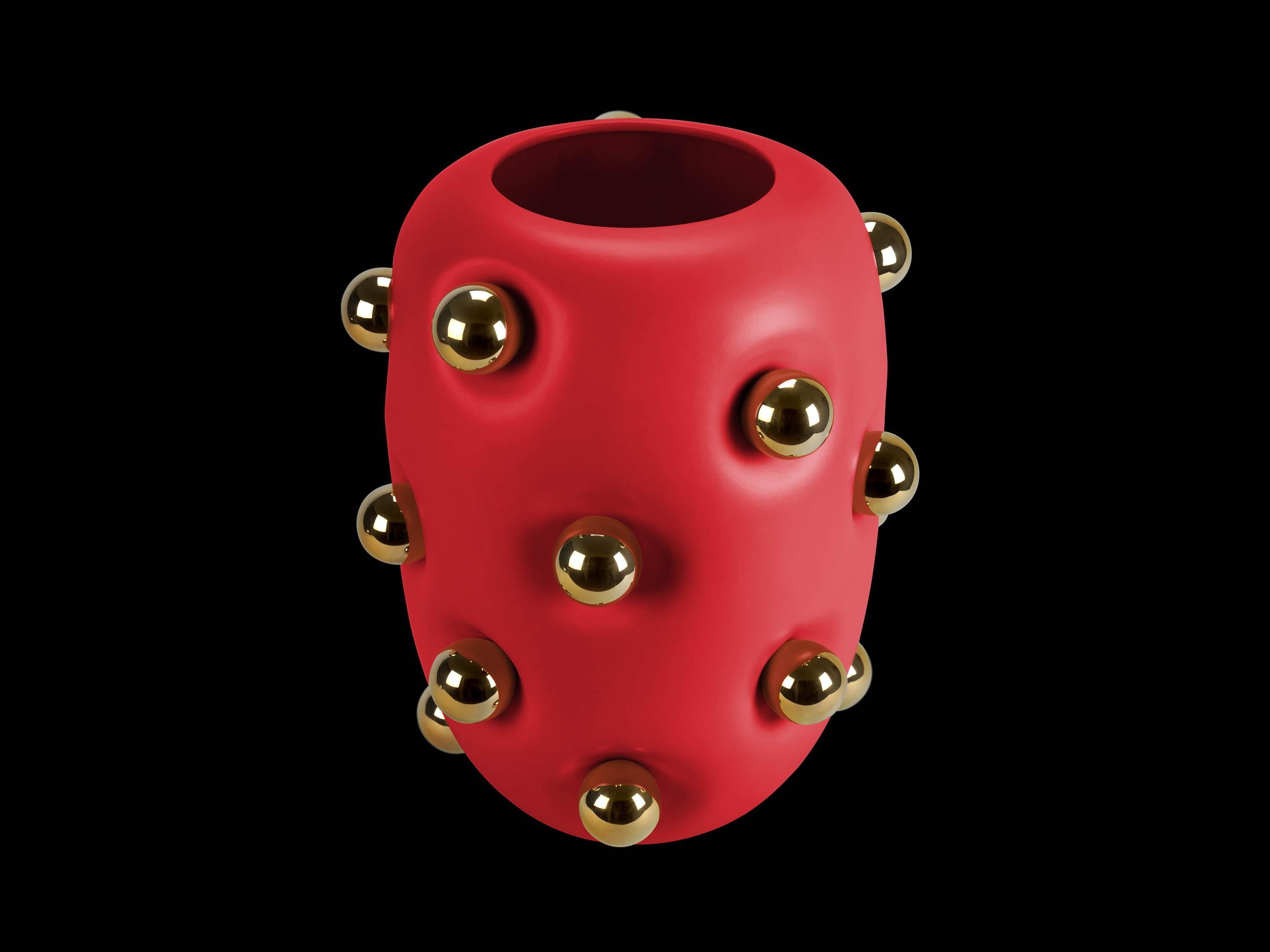 Matte White Ceramic Vase with Gold Spheres, Contemporary Design, Made in Italy For Sale 4