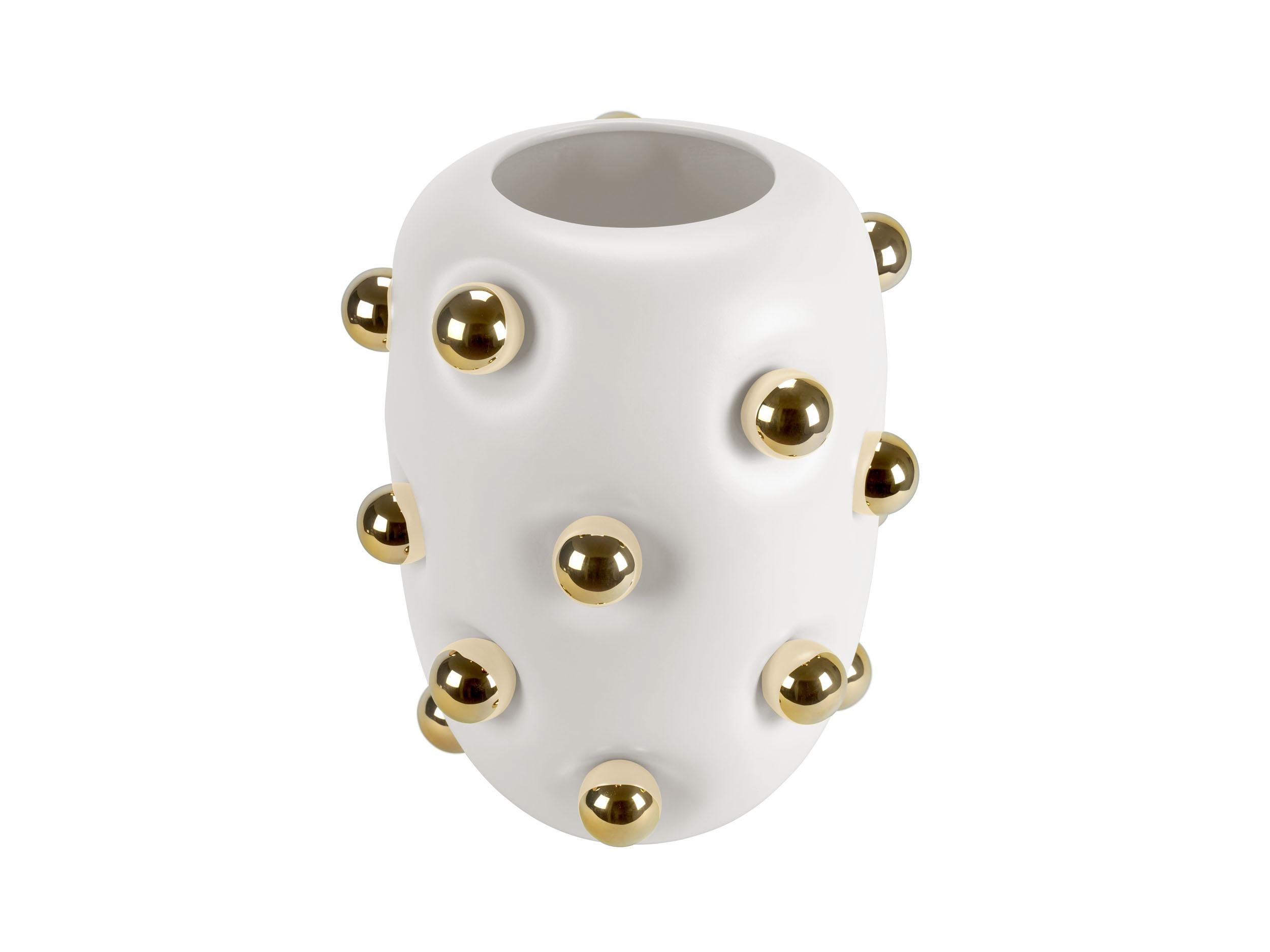 Modern Matte White Ceramic Vase with Gold Spheres, Contemporary Design, Made in Italy For Sale