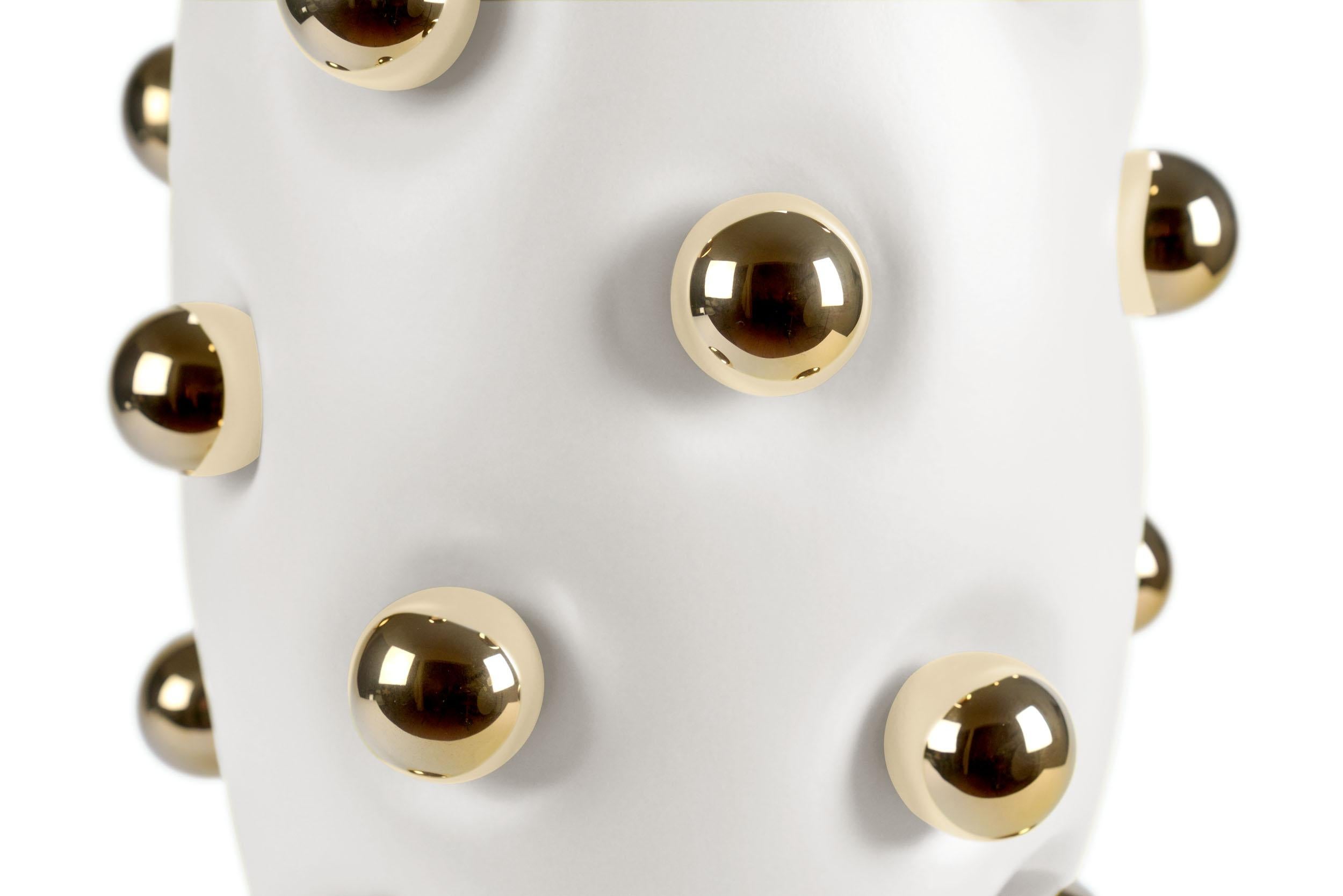 Italian Matte White Ceramic Vase with Gold Spheres, Contemporary Design, Made in Italy For Sale