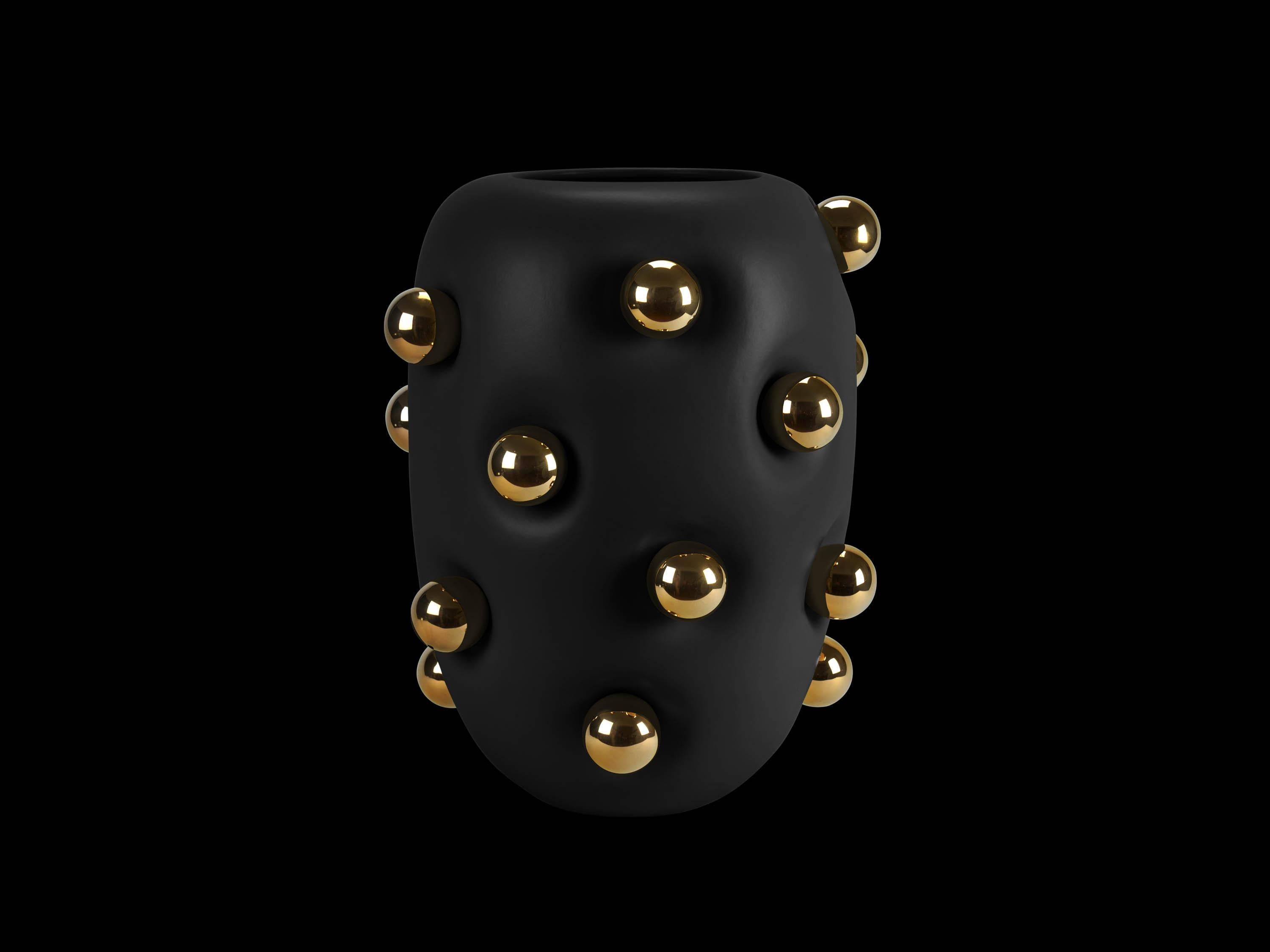 Gold Plate Matte White Ceramic Vase with Gold Spheres, Contemporary Design, Made in Italy For Sale